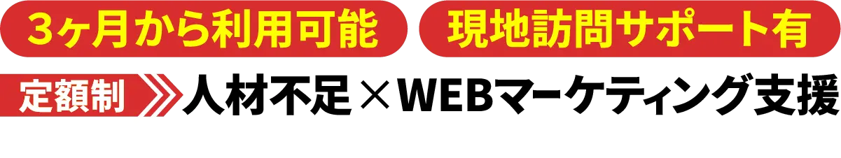 3ヶ月から利用可能。現地訪問サポート有。定額制の人材不足✕WEBマーケティング支援