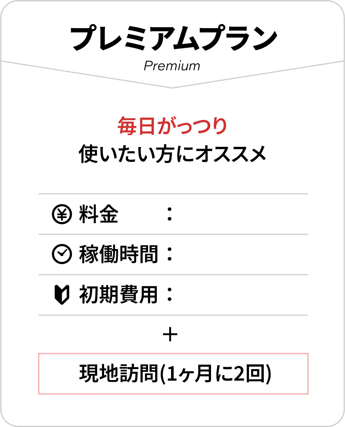 プレミアムプラン。毎日がっつり使いたい方にオススメです。現地訪問１ヶ月に2回