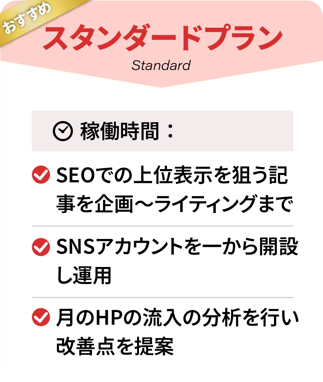 スタンダードプラン。SEOでの上位表示を狙う記事を企画～ライティングまで、SNSアカウントを一から開設し運用、月のHPの流入の分析を行い改善点を提案