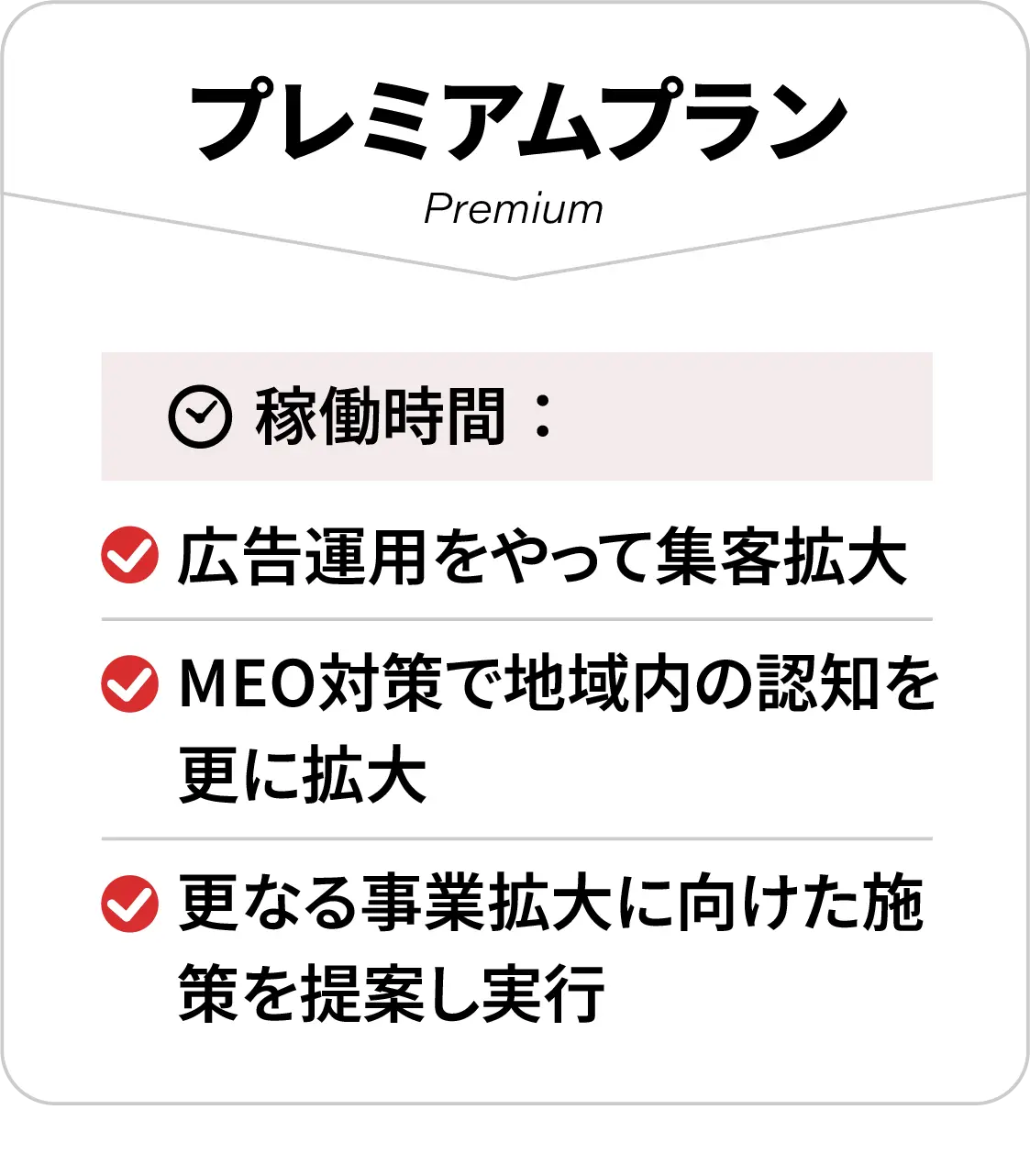 プレミアムプラン。広告運用をやって集客拡大、MEO対策で地域内の認知を更に拡大、更なる事業拡大に向けた施策を提案し実行