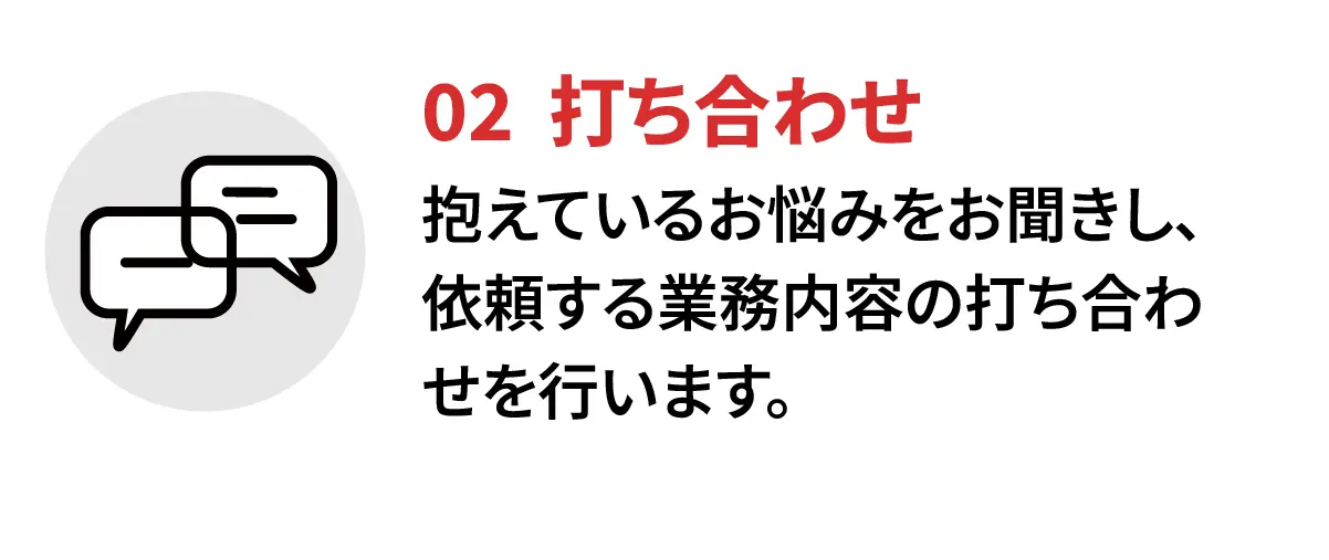 02 打ち合わせ。抱えているお悩みをお聞きし、依頼する業務内容の打ち合わせを行います。